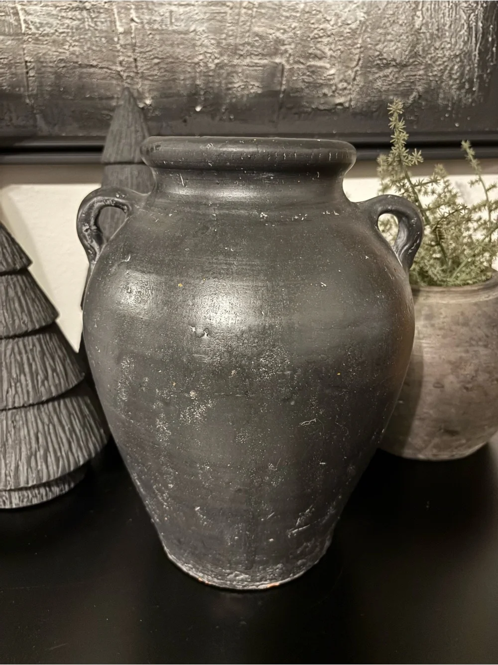 Vintage Style Handcrafted Black Ceramic Vase With Handles
